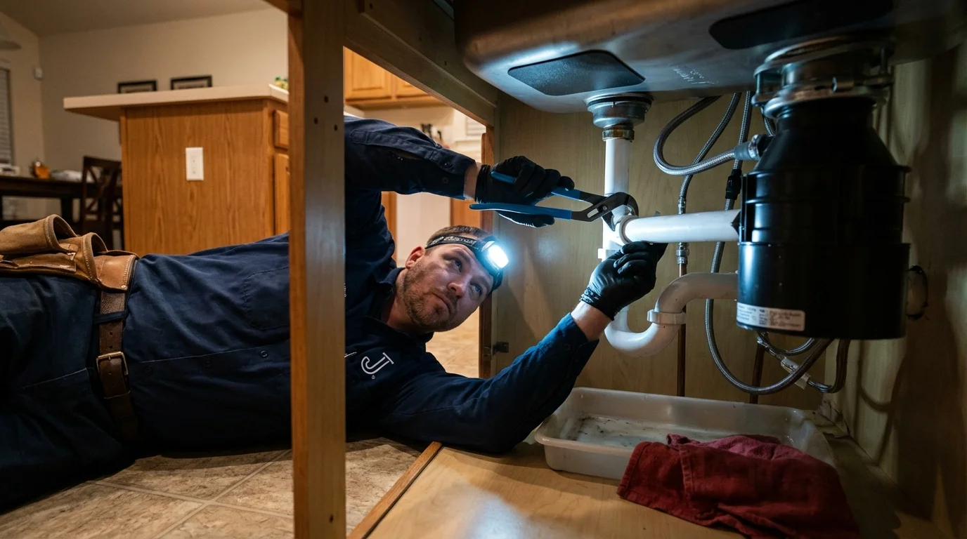 P-trap and supply line connections under a kitchen sink showing a common leak point in Byron, IL